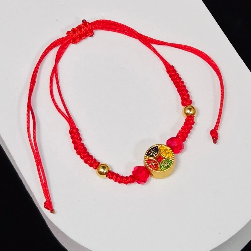 Red String Chinese Symbol Bracelet – Round Colorful Enamel Lucky Charm CNY Gift